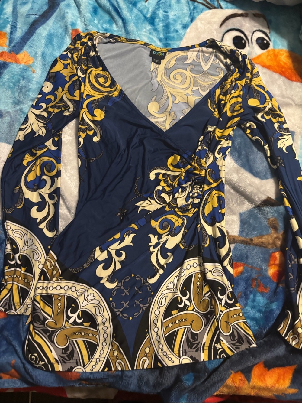 Olian Navy and Yellow Printed Wrap-Style Blouse